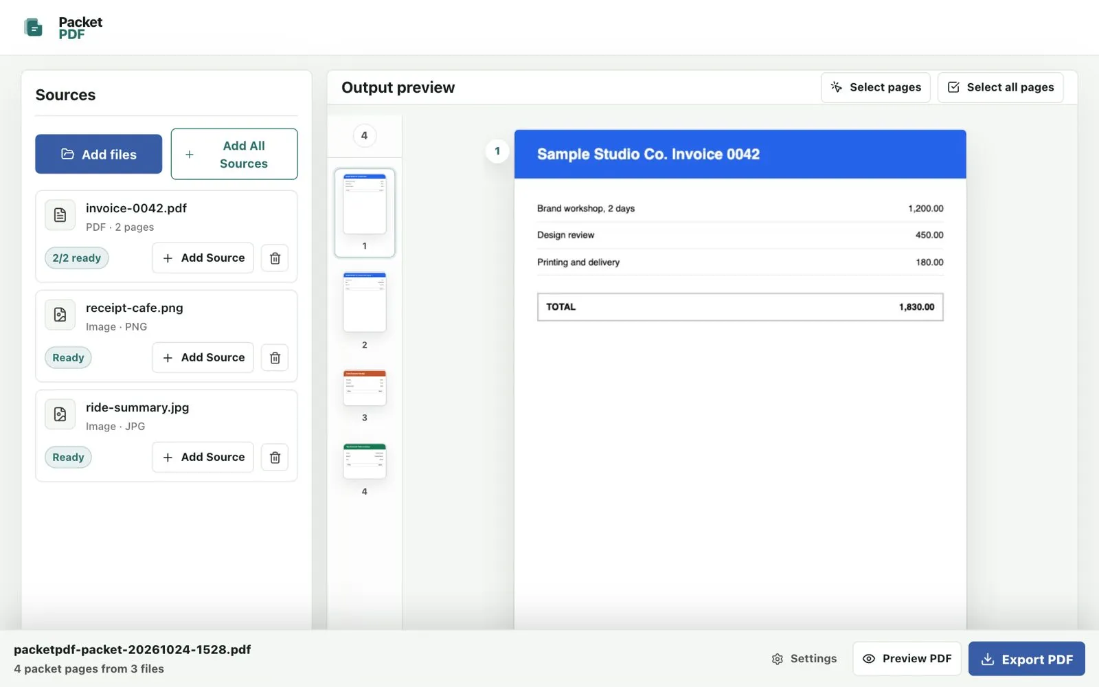 PacketPDF workspace with three sample files merged into a four-page packet