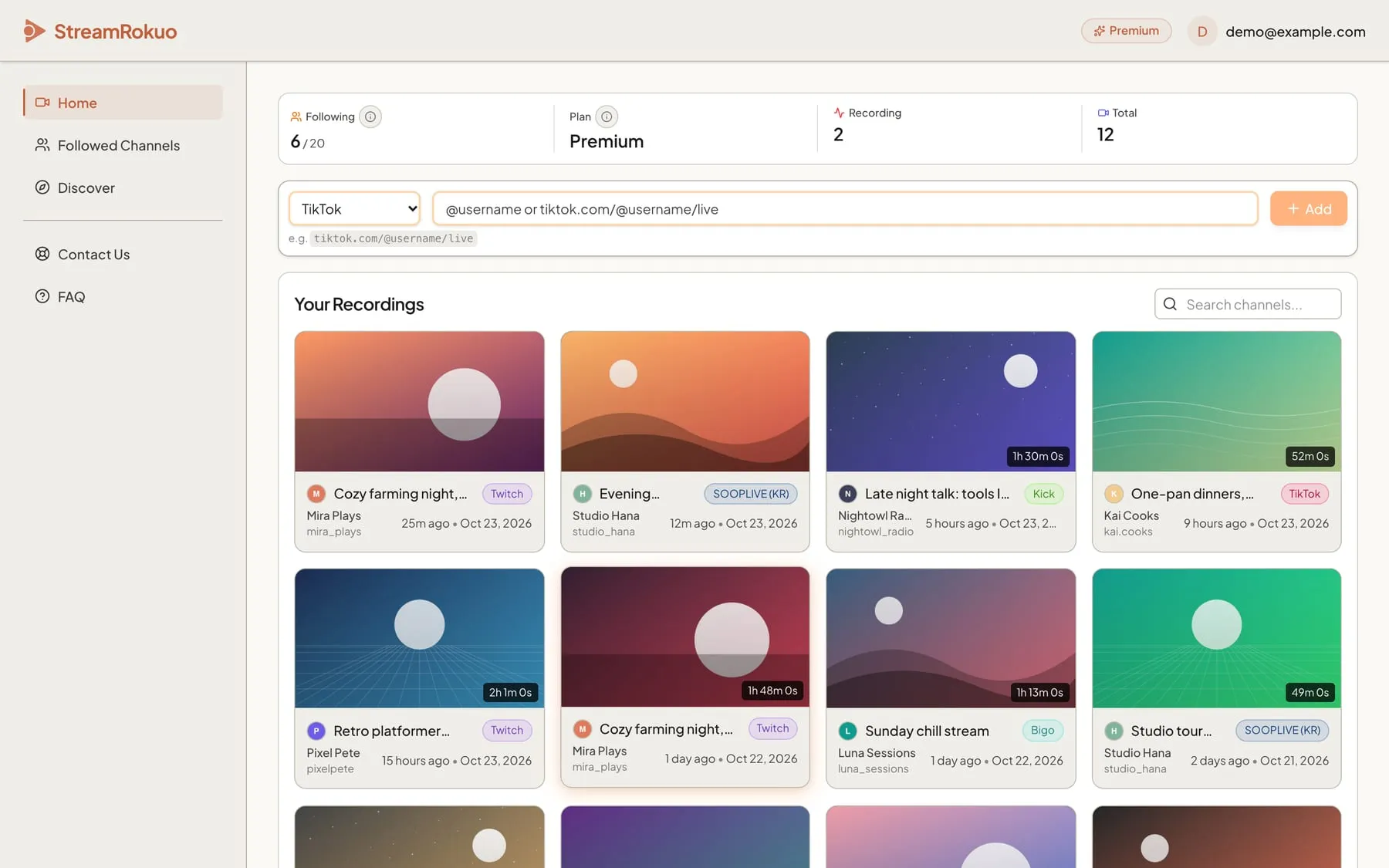 StreamRokuo recordings dashboard with stats, a channel add form and a grid of recordings