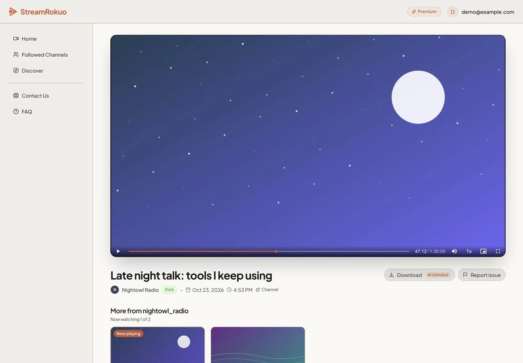 StreamRokuo recording page with the video player, download button and more recordings from the same channel
